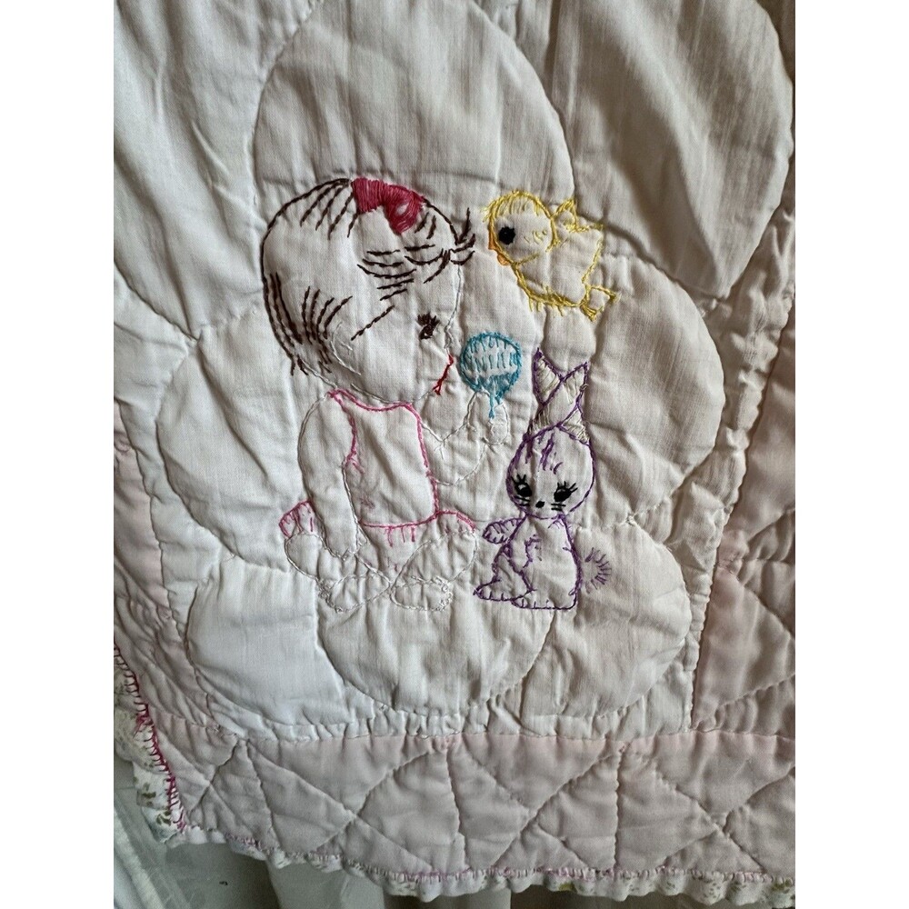 Vintage Handmade Baby Quilt – Embroidered Nursery Animals Pink 52 X 42
